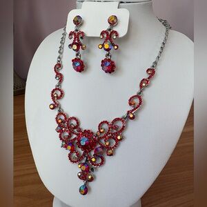 Red Rhinestone Statement Necklace & Earrings Set Formal Glam